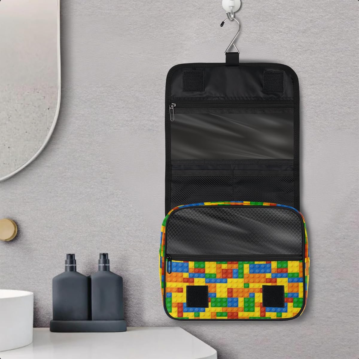 AUUXVA Kids Hanging Toiletry Bag for Boys - Waterproof Travel Cosmetic Organizer Makeup Pouch for Girls Shower Wash Bags with Hanging Hook Toiletries Storage Bag(Colorful Building Blocks) - Image 6