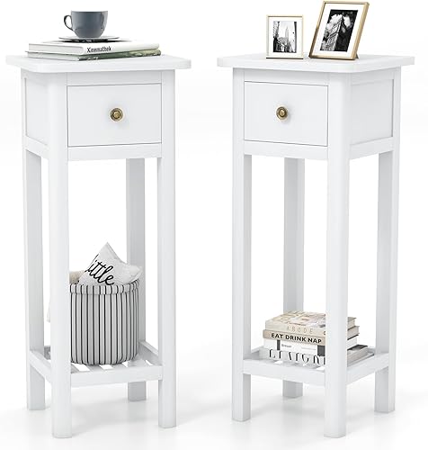 Miniatura 11 de Tangkula Mesa auxiliar estrecha de 2 niveles con cajón, mesa auxiliar alta de madera de acacia para espacios pequeños, mesita de noche delgada de