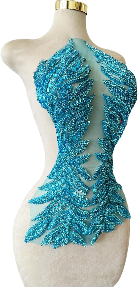 Pure Handmade Bodice lace Applique Hand Sewing Beaded Sequins Trim Patches for Dress Clothes Skirts Multiple Design Styles Accessories 14X24inches (Sky Blue)