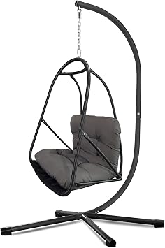 Swing Egg Chair with Stand Indoor Outdoor Wicker Rattan Patio Basket Hanging Chair with C Type Bracket, with Cushion and Pillow,Patio Wicker Folding Hanging ChairSpecial Construction Cup HOL Black