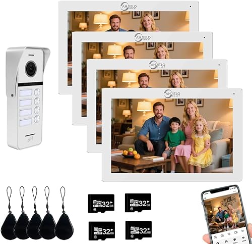 ANJIELO SMART Sistema de intercomunicación con timbre de video con cable, 4 unidades familiares de 7 pulgadas, desbloqueo 3 en 1, detección de