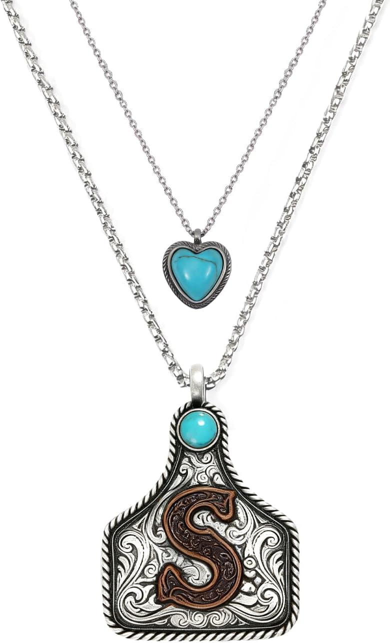 Western Turquoise Cow Tag Initial Layered Necklaces for Women
