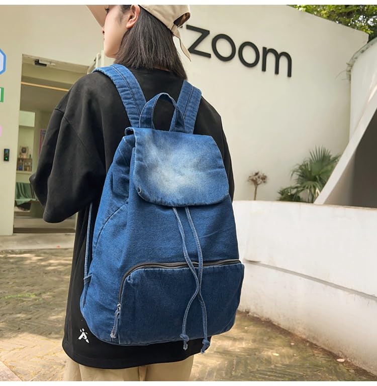 Fashion Backpack Denim Daypack, Women Men Shoulder Bag Grunge y2k Canvas Bookbag Large Daypack Daily Hiking Travel Bag (dark blue)3