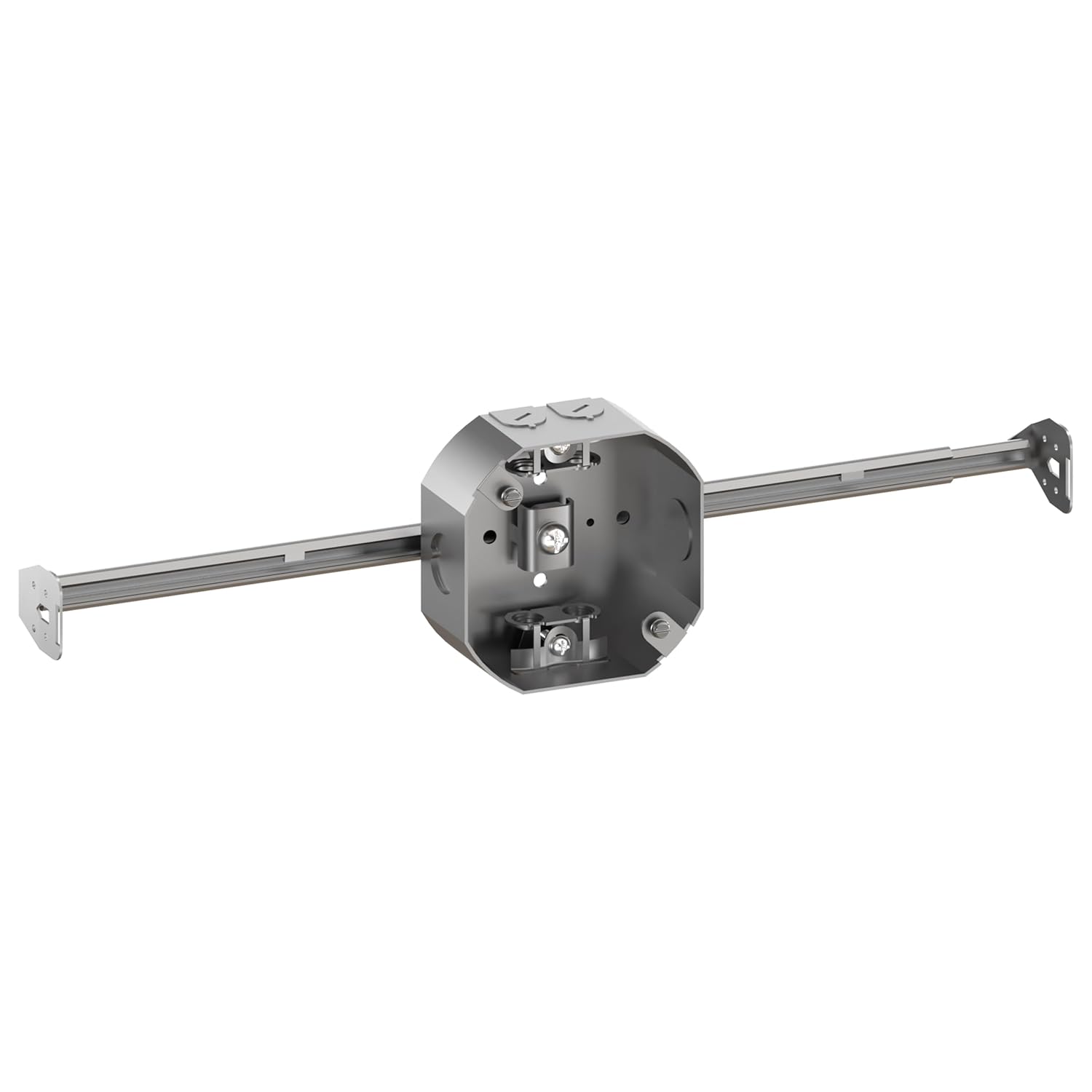 OHLECTRIC 4" Octagon Welded Electrical Box with Adjustable Bar Hanger - 1-1/2" Deep Box with BX/MC Clamp - Galvanized Steel - Supports Fixtures Up to 50 lbs