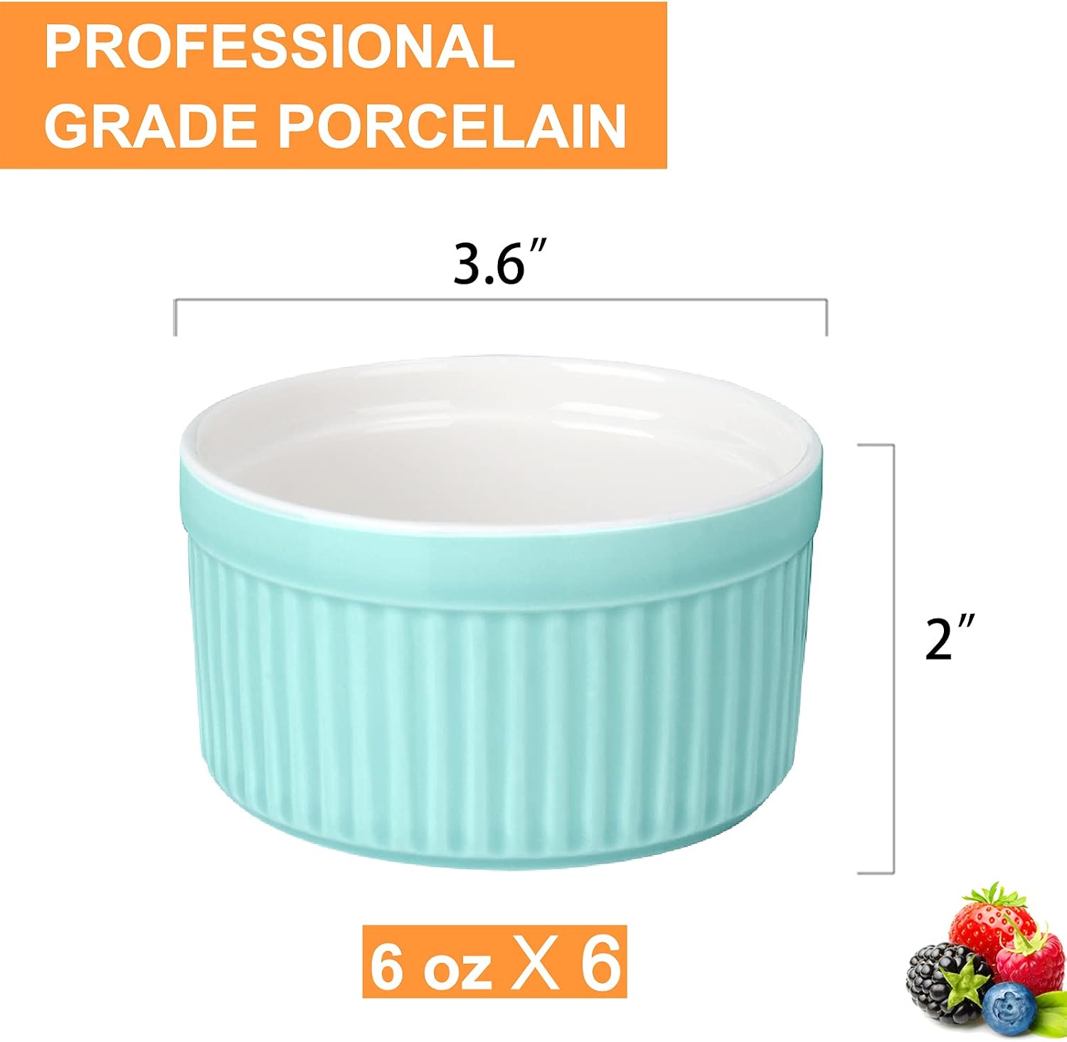 6 Pack Porcelain Souffle Dish Ramekins for Baking, 6 Ounce blue Ramekins Bakeware Set Baking Cups for Creme Brulee Desserts Puddings Custard Ice Cream Lava Cake Snacks