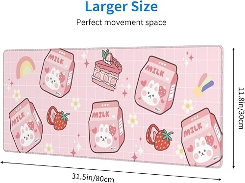 Miniatura 5 de Alfombrilla de mouse Kawaii rosa con diseño de conejito de fresa de 11.8 x 31.5 pulgadas, accesorios de escritorio, base de goma antideslizante