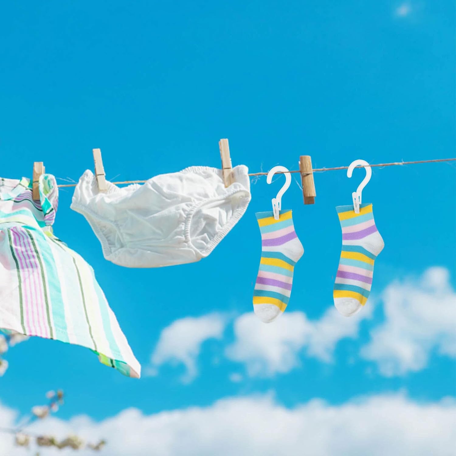 12Pcs Laundry Hooks with Clips, White Clothespins for Socks, Bras, Towels, Multipurpose Hanging Clips for Home Use