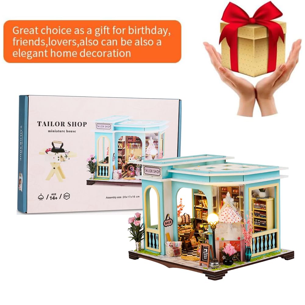 Accessori per casa delle bambole in legno, kit fai da te in miniatura per adulti, kit creativo per sartoria piccola casa con mobili e luci a LED, regalo di compleanno da donna