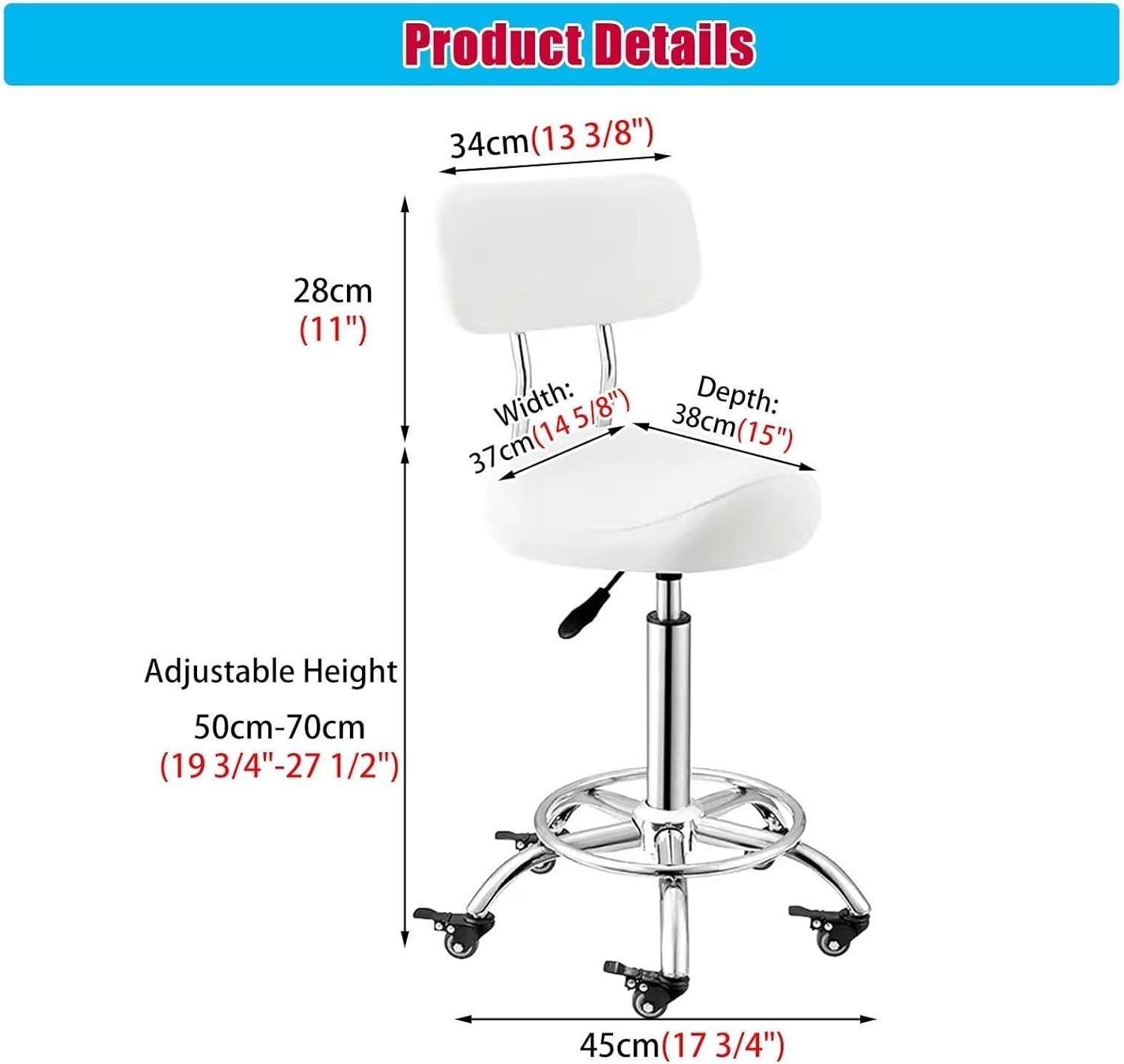 Ergonomic Saddle Stool with Back Support and Casters, Height Adjustable Saddle-Shaped Chair for Hairdressing, Beauty Salon, Dental, Tattoo, Leather Office Stool,White-