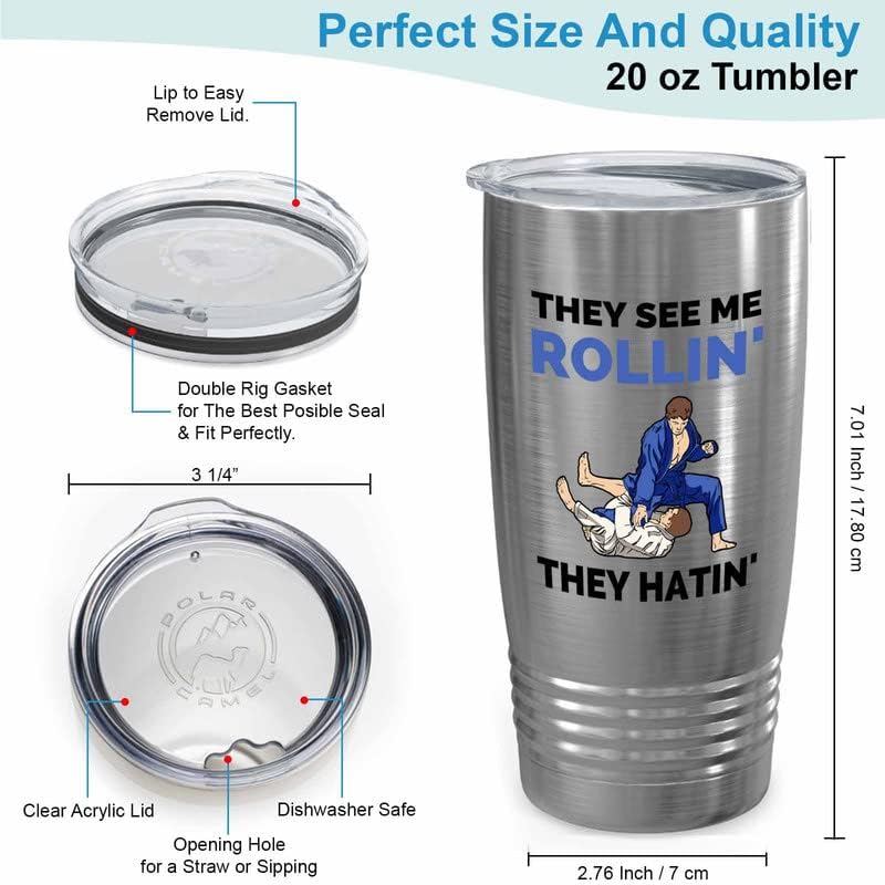 Jiu Jitsu Silver Tumbler 20oz - me rollin' they hatin - Jitsu Art Bjj Jiu Jitsu Party Jiujitsu Gift Men Funny Jiu Jitsu Gifts for Martial Artists