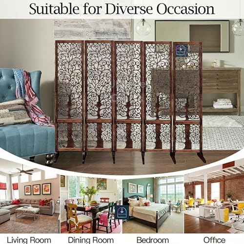Image of Wooden Room Partition /Screen /Room Divider /Room Separator Traditional Handicrafts 6Ft (Dark Brown) (Tree 5 Panel with Stands)