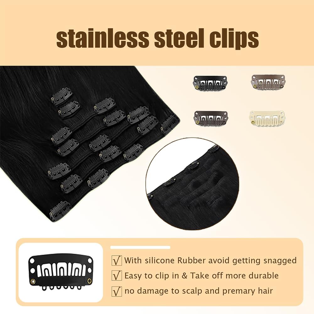 Straight Human Hair Extensions Clip In Extensions Echthaar Schwarz Real Human Hair Extensions Clip Invisible #1B Natural Black 120g 7pcs Per Pack for Women 28 Zoll