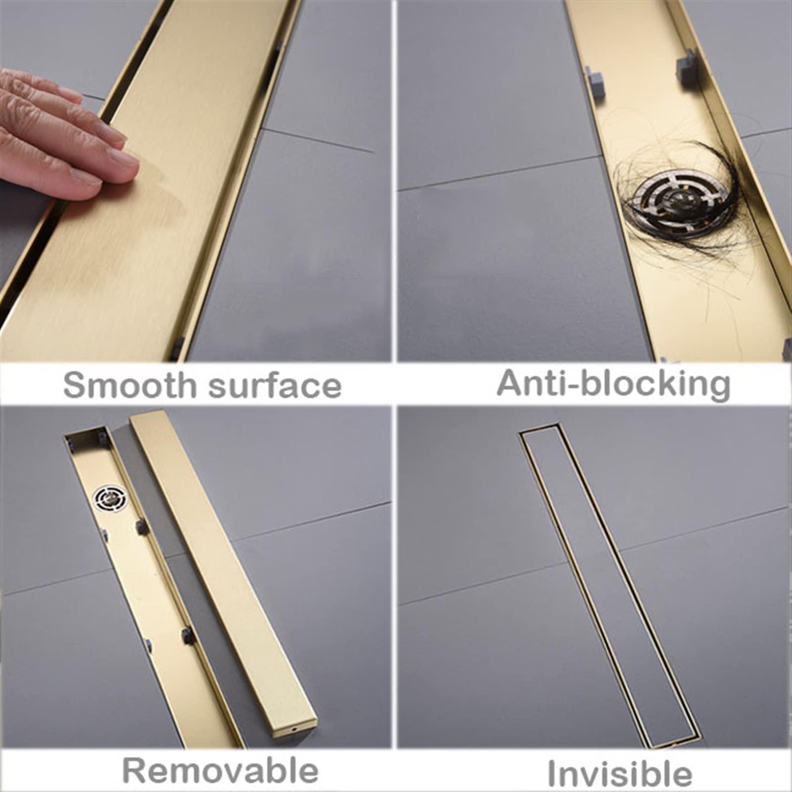 Desagüe Lineal de Ducha de Acero Inoxidable 304 con Acabado Dorado Cepillado, Forma Rectangular, con colador para Cabello y diseño Discreto para Azulejos, 60 cm (23,6''). Ideal para baños mo