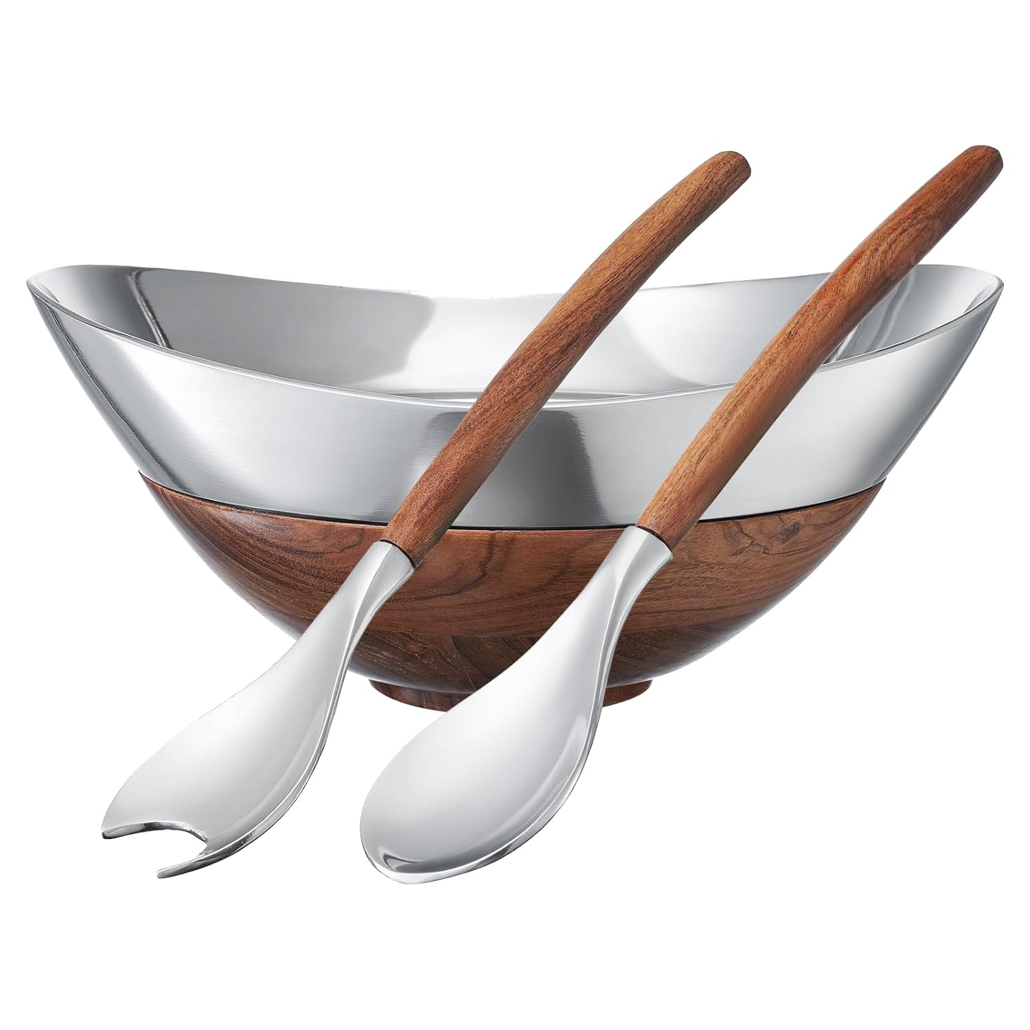Photo 1 of ** BOWL only **Decorative Acacia Wood & Silver Serving Bowl With Two Servers, Fork & Spoon, Stainless Steel Metal & Brass, Dark Wooden Trim Accent Basket Salad Fruit, Potpourri Living, Dining Room Table Home Decor