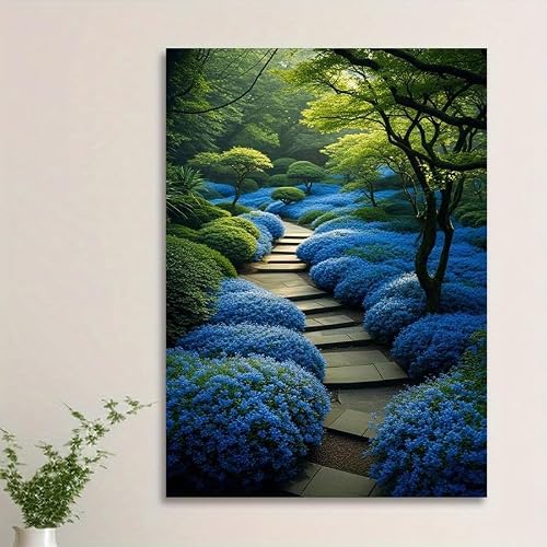 Egjepwfh No Frame Enchanted Forest Path Canvas Art Print - Vibrant Blue & Green Landscape With Stone Pathway Forest Home Decor(30X40cm/No Frame)