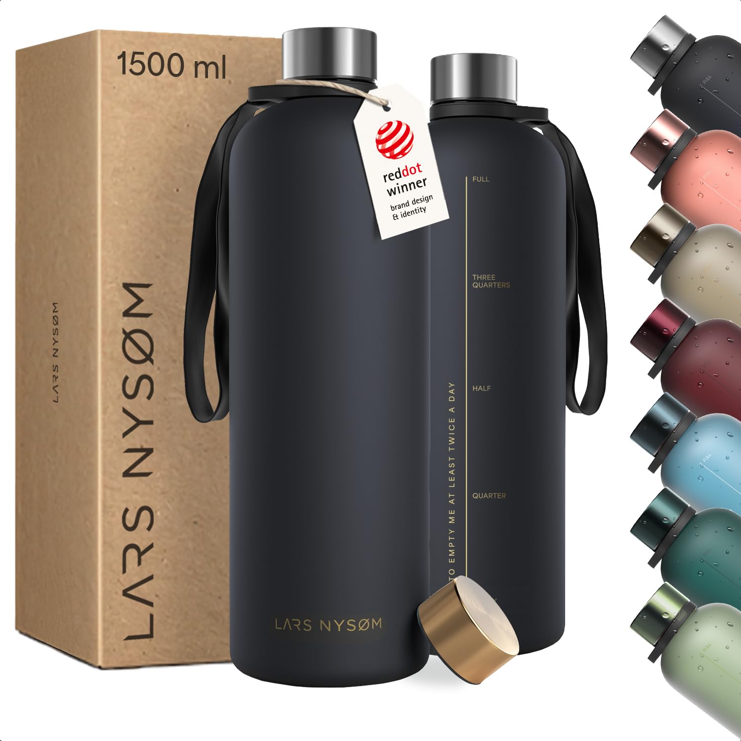 LARS NYSØM Borraccia 1 5l | Bottiglia acqua 1500ml | Bottiglia ultraleggera in Tritan Sport a prova di perdite | Ideale per sport, ufficio, yoga | 2 coperchi inclusi (Black - Gold, XL 1500ml)