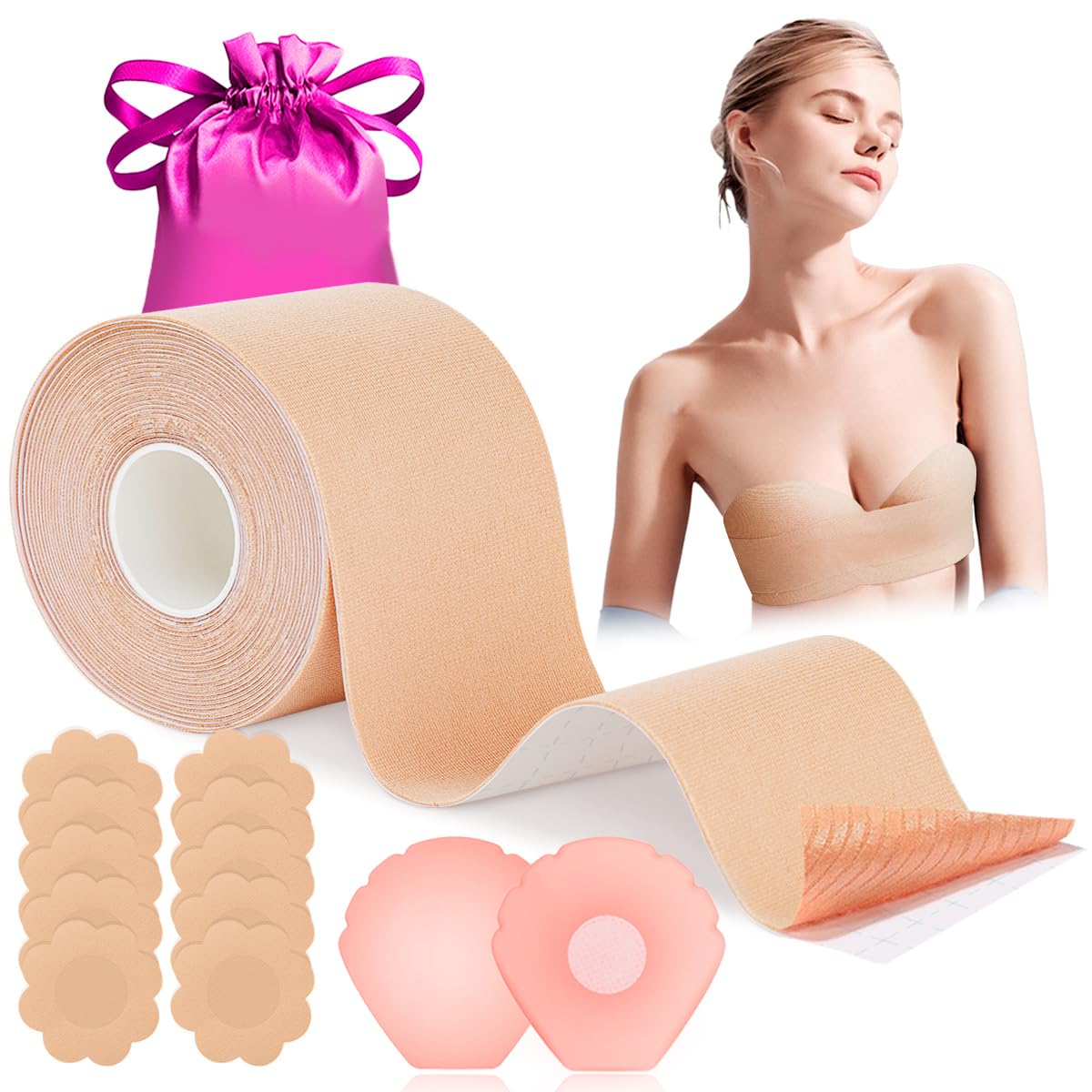 Korffe Brust Tape Klebe BH Push Up, Boob Tape Set für Klebe BH Große Brust Rückenfrei BH 2 Wiederverwendbare Unsichtbar Silikon Brüste Nippelpads Body Damen Tape für Körbchengrößen A-G