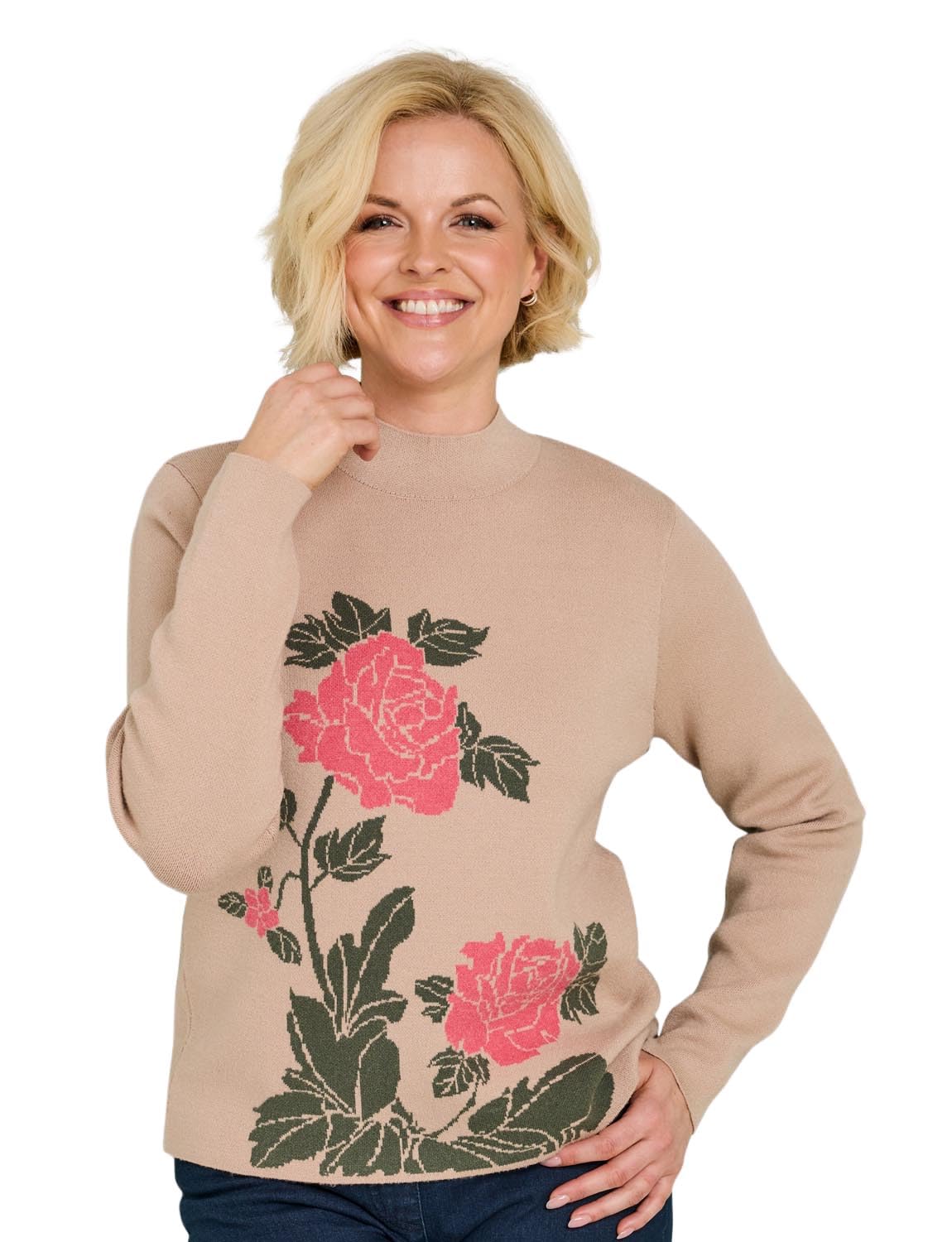 Amber Ladies Floral Intarsia Turtle Neck Jumper Long Sleeve Knit Natural 12-14