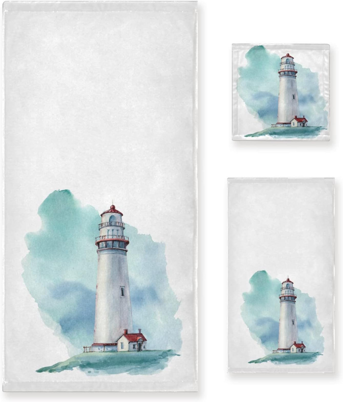 Lighthouse Bath Towel Set for Bathroom, Absorbent Watercolor White Lighthouse Towel Sets Decorative for Men Women, Soft Shower Towels Set of 3, 1 Hand Towel 1 Bath Towel and 1 Washcloth