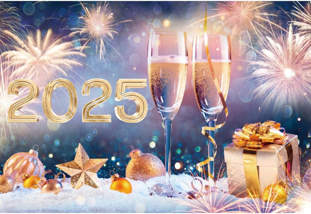Laeacco 10x8FT 2025 New Year Backdrop Happy New Year’s Eve Photography Background Champagne Fireworks Bokeh Haloes Snow Merry Christmas Happy 2025 New Year Party Decorations Banner Photo Shoot