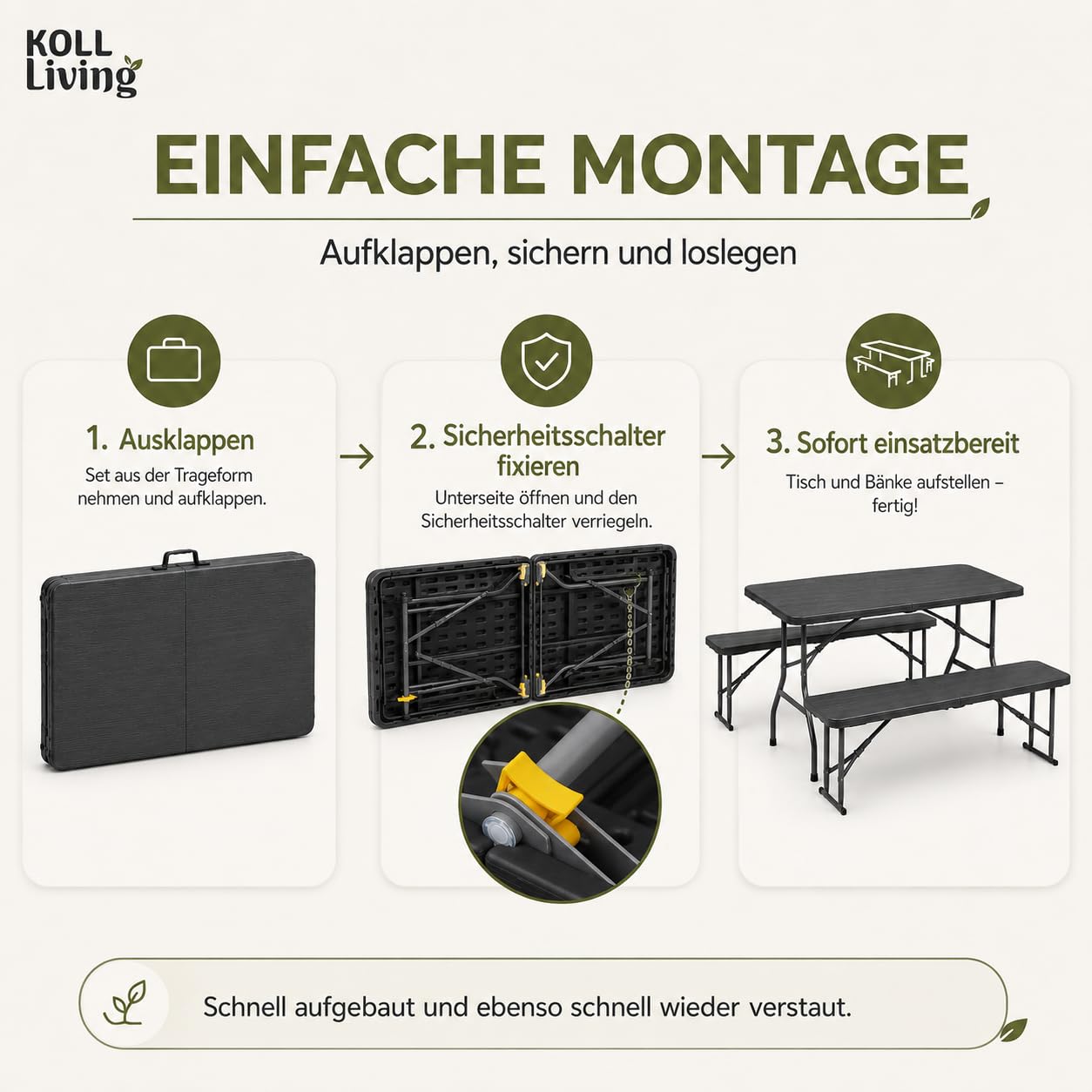 Koll Living Bierzeltgarnitur Nomad – 3-teiliges Bierbank Set klappbar | Biertisch, 2X Bank | aus Kunststoff | UV- und witterungesbeständig