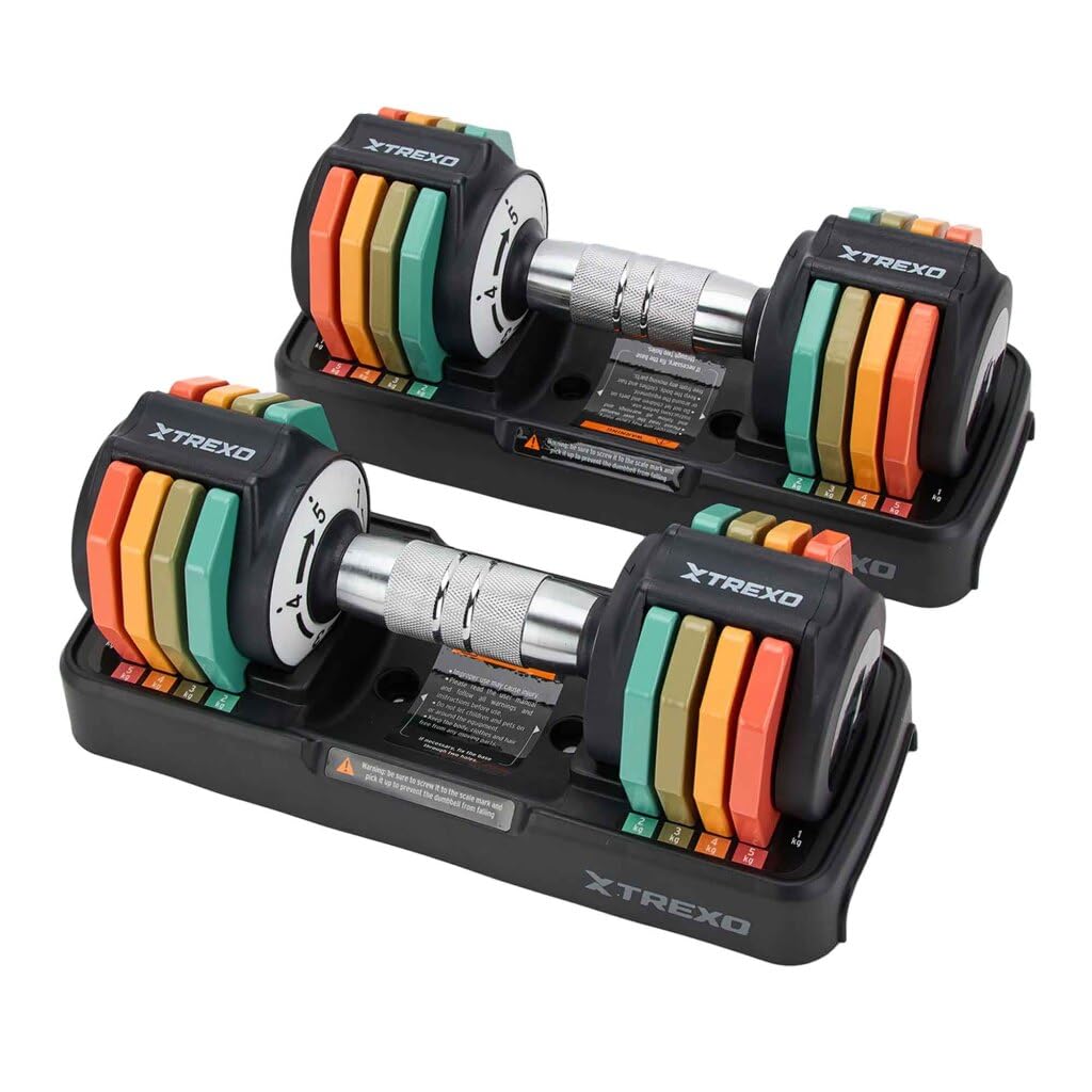 TREXO Multicolor zestaw hantli 2 x 5 kg ze stali z antypoślizgowym uchwytem, idealne do treningu siłowego w domu i na siłowni, regulowane hantle ze stabilną podstawą
