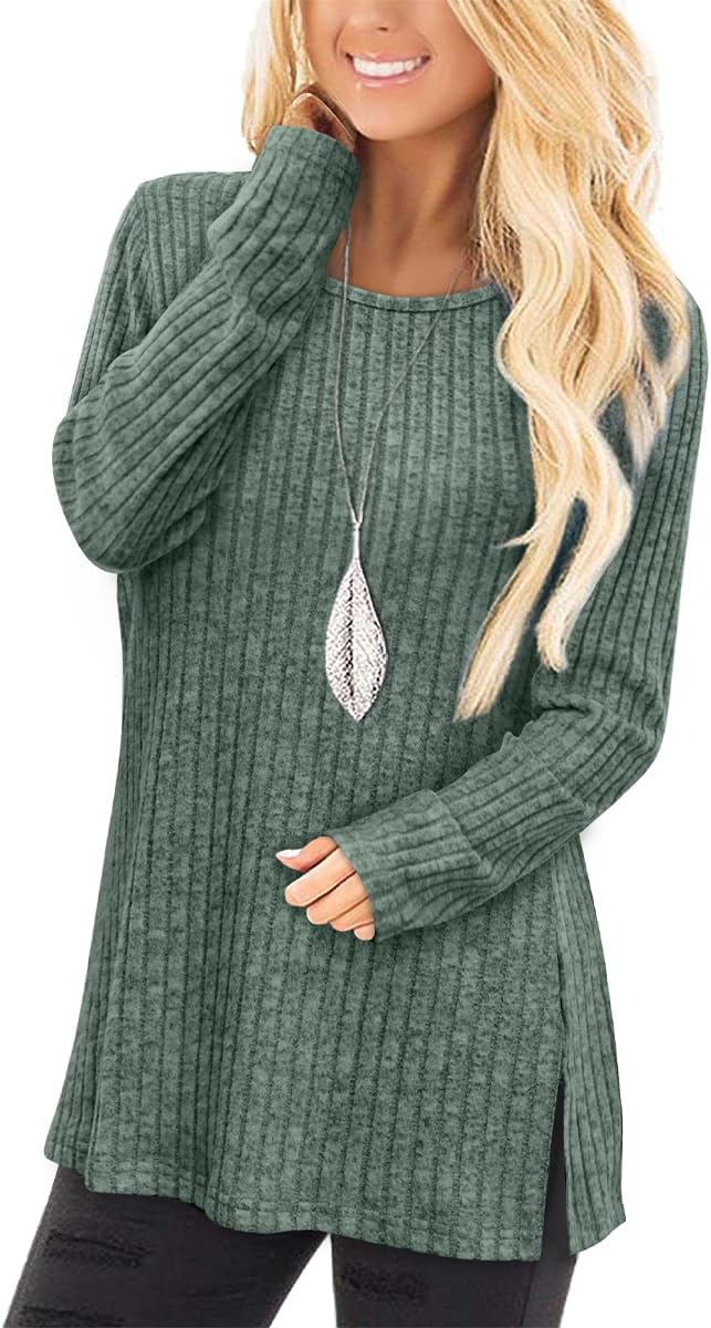 Jescakoo Long Sleeve Shirts for Women Crew Neck Fall Tops Side Split Lightweight Tunic Sweaters Fashion Clothes 2025 S-4XL