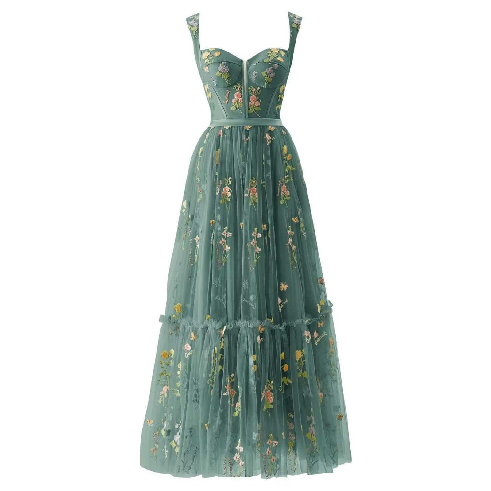 Generisch Tüllkleid Damen Blumenstickerei Tüll Ballkleider Korsett Spaghettiträger Maxikleid Vintage Elegant Sommer Abendkleid Leichte Atmungsaktive Strandkleid Partykleid Tunikakleid