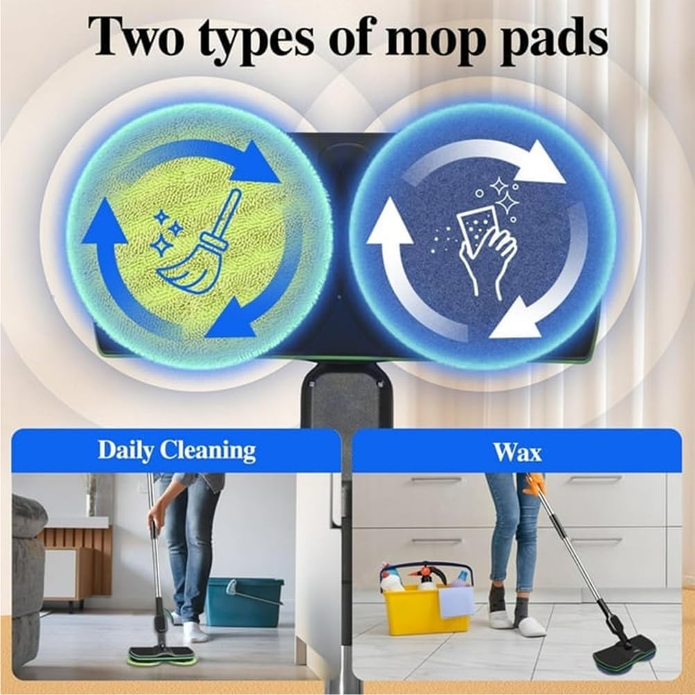 Fregadora de Pisos 2 en 1,Trapeador Eléctrica Giratoria Inalámbrica,Mopa Pulidora Barredora para Cualquier Superficie Dura con 2 Almohadillas Microfibra y 2 Almohadillas Pulido