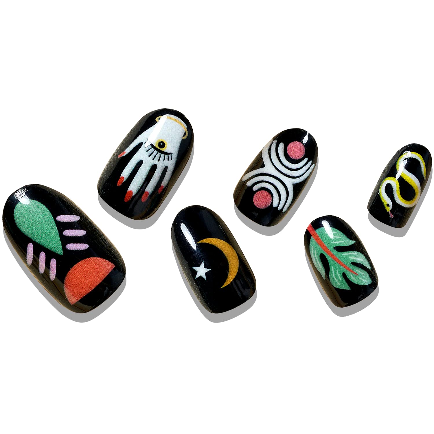 Press on Nails Short Almond GLAMERMAID, Black Acrylic Oval Fake Nails with Design Stick Glue on Nails for Women Reusable False Nail Tips Art Sets with 48Pcs Adhesive Tabs Nail File, Cuticle Stick