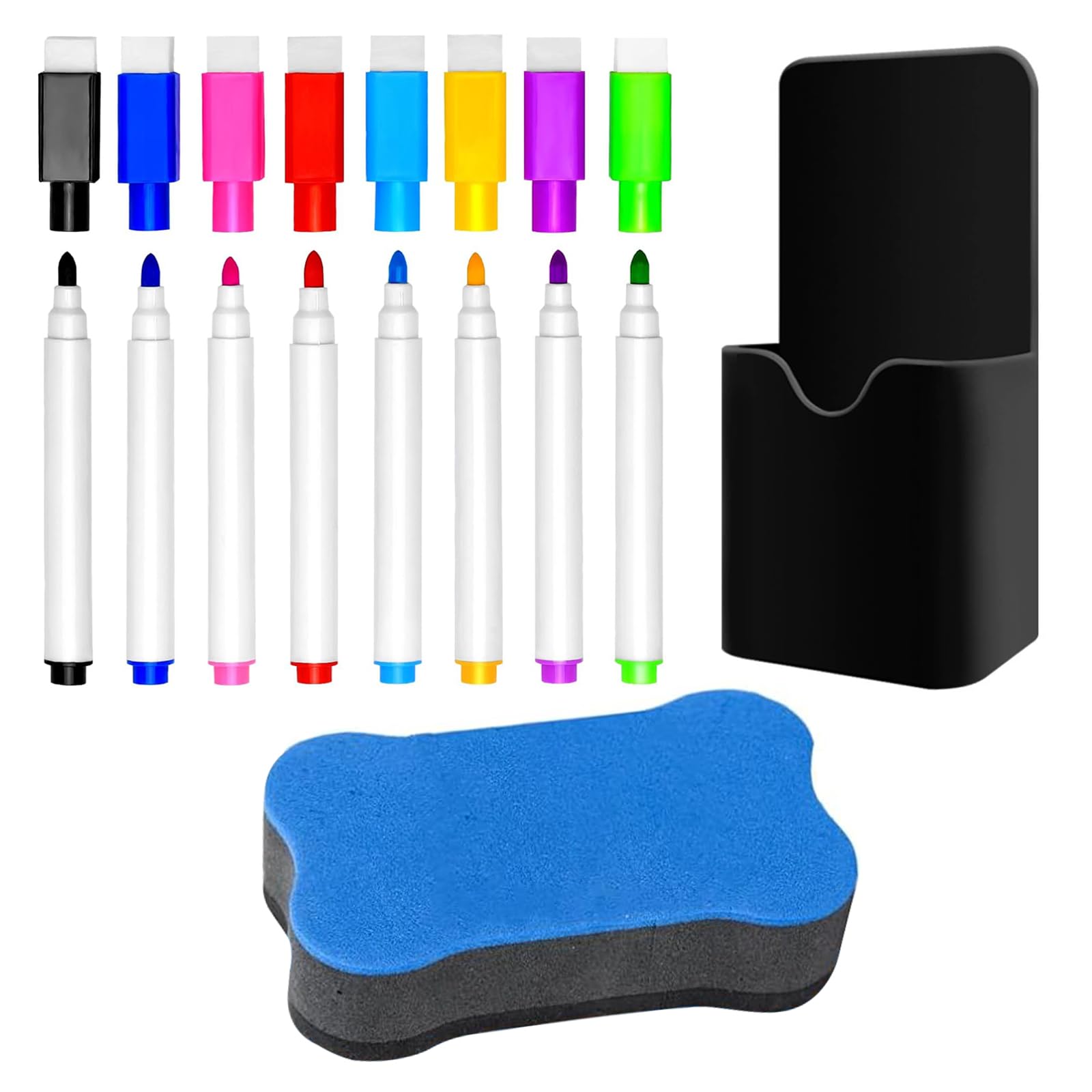 Rotuladores Pizarra Blanca Niños, 8 Pcs Marcadores Pizarra Blanca con borrador 1 Pieza borrador pizarra blanca 1 Portalápices Magnético son Óptimo para Material Hogar Escolar y de Oficina (8 Colores)