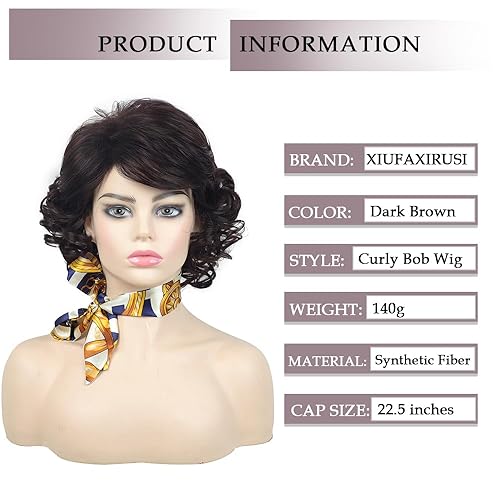 Miniatura 2 de XIUFAXIRUSI XIUFAXIRUSI Pelucas cortas rizadas de color marrón oscuro para mujer, peluca de cabello completo ondulado, peluca sintética de aspecto