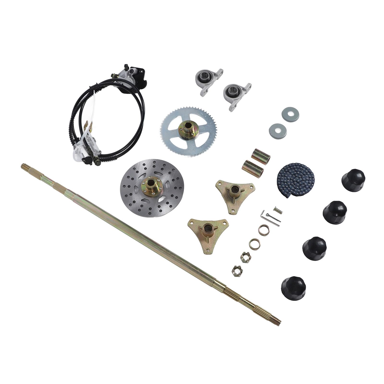 Akozon Kit de Eje Vivo Trasero Go Kart de 29 Pulgadas con Cadena Dentada, Pinza de Disco de Freno, Bujes de Rueda para Quads ATV de 50, 70, 90, Conjunto de Metal de Repuesto