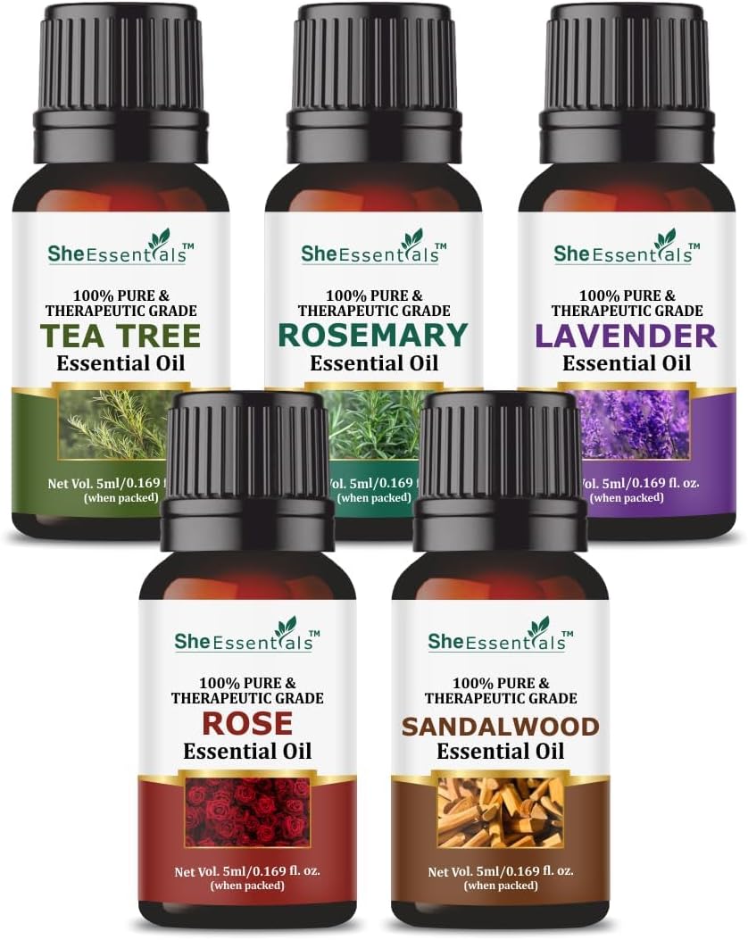 Tea Tree, Rosemary, Lavender, Rose & Sandalwood Essential Oils | For Skin, Face, Hair & Aromatherapy | Reduces Acne, Wrinkles & Promotes Hair Growth | Suitable for Women & Men - 5x5ml