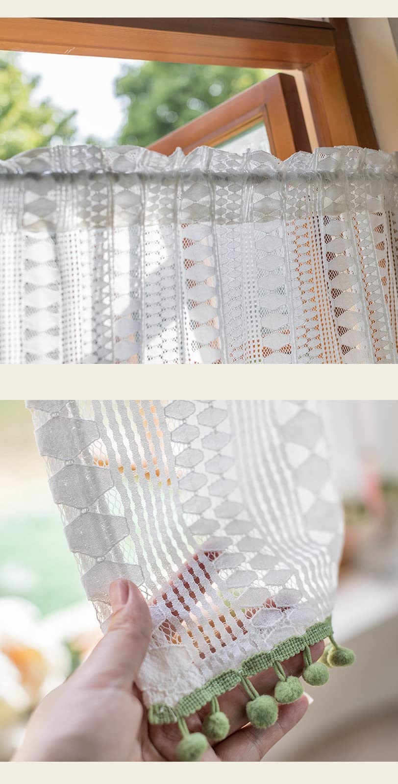 A.Monamour Tenda Corta Per Piccola Finestra Bianca Semi Trasparente Geometrica Cotone Uncinetto Pizzo Con Pompon Mantovana Mezza Per Cucina Bistrot Caffè Porta Finestra a Vetro