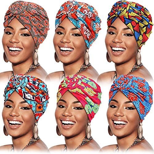 6 Pieces Women African Turban Flower Knot Pre-Tied Bonnet Beanie Cap Headwrap (Black, Royal-Blue, Rosy, Camel, Navy, Yellow)