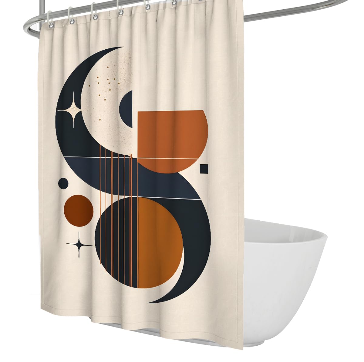 UIRINGART Celestial Shower Curtains W180xL200cm Abstract Geometric Moon Star Stripe Semicircle Dot Navy Terracotta Art Print Easy To Clean Fabric Bathroom Curtain