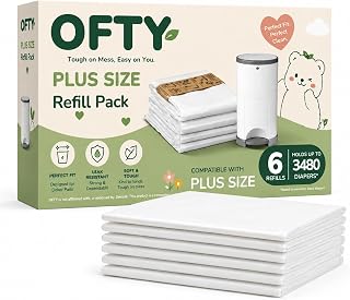 OFTY Diaper Pail Refill Bags Compatible with Dekor Plus, 6 Pack Powder Scent Continuous Refill Rolls for Nursery Diaper Disposal, Holds Up to 3,480 Newborn Diapers