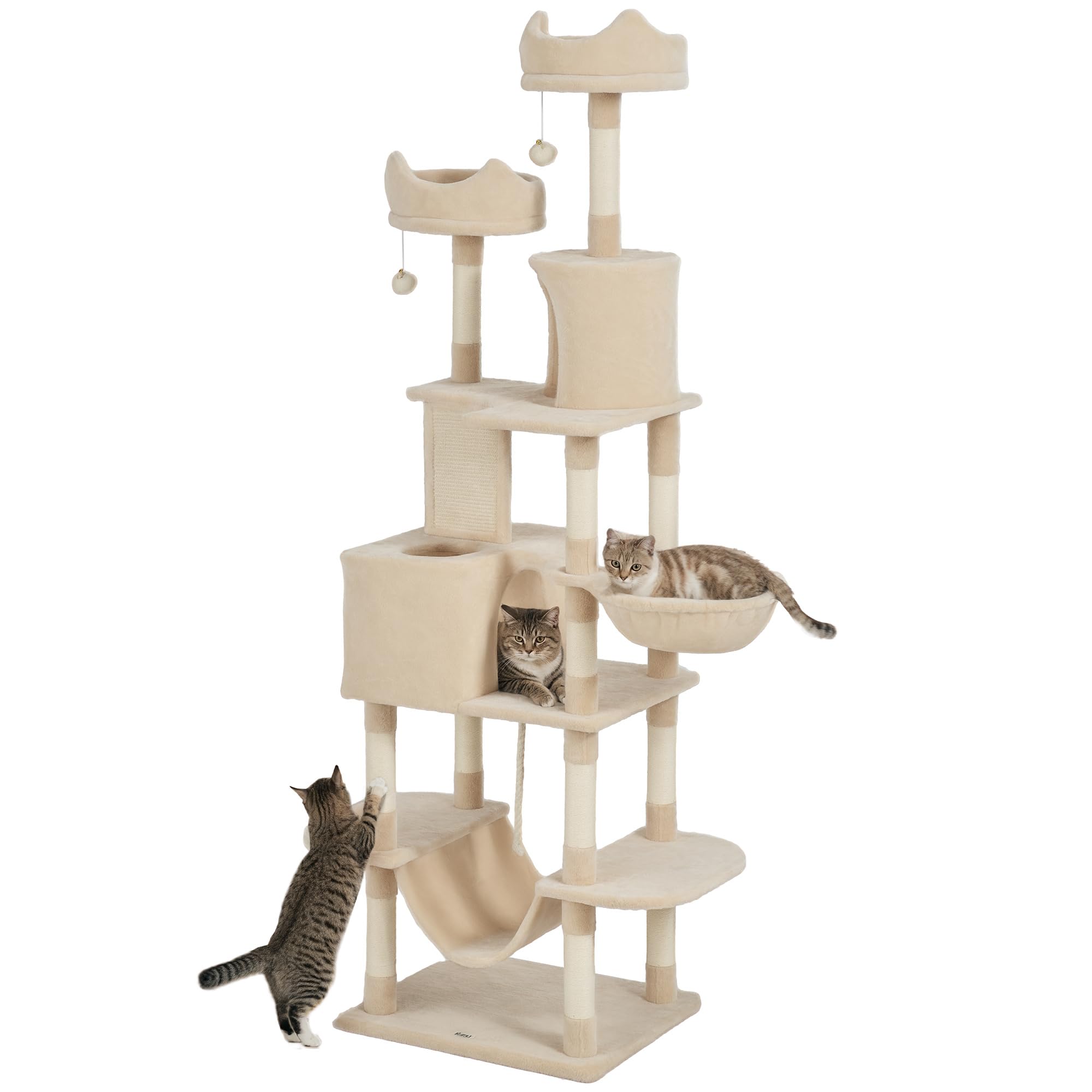 PawHut Rascador para Gatos Grande Altura 206 cm con Cuevas Hamacas Beige | Árbol para Gatos, Torre de Escalera, Plataformas, Bolas Colgantes