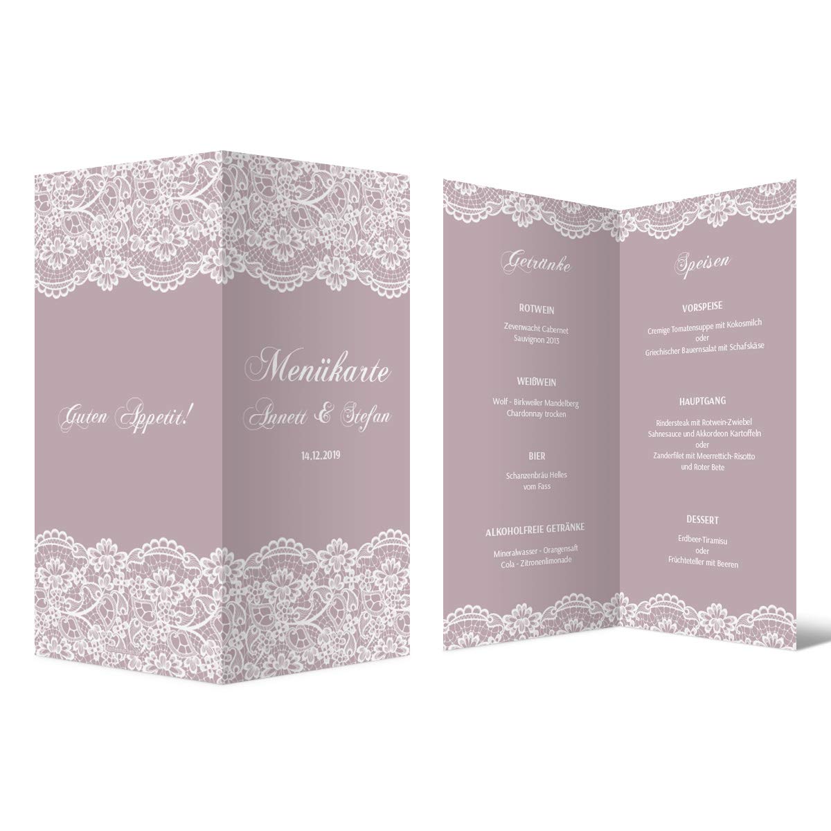 60 x Hochzeit Menükarten individuell mit Speisen und Getränken DIN Lang Klappkarten - Spitze in Lila