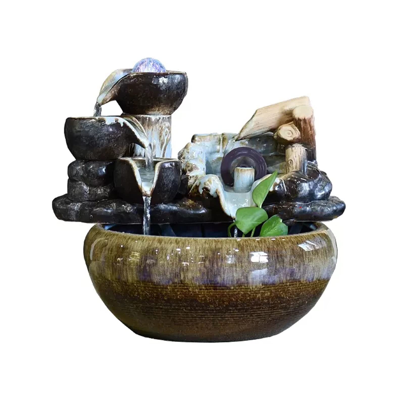 indoor Waterfall Indoor Desktop Fountain Flowing Recirculating Water Ceramic Rockery Fortune Feng Shui Wheel Ornaments Living Room Office Desk Landscape Décoration