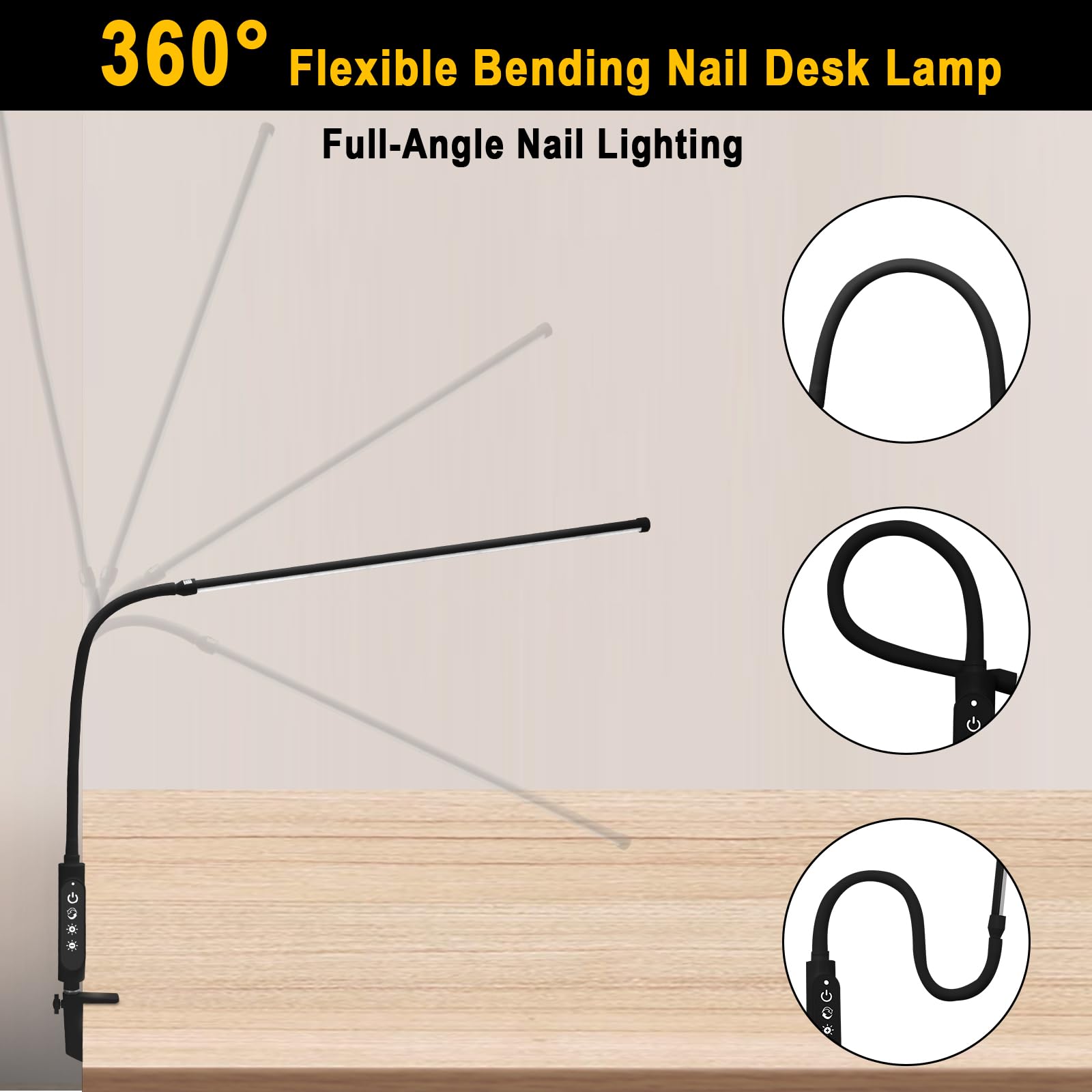 CGBE Extra-lange 60 cm Nageltischlampe LED Dimmbare Klemmlampe für Maniküre | 360° Verstellbare Tischlampe für Nagel mit 3 Farbmodi und 5 Helligkeiten - Touch Steuerung - für Tattoo Basteln - Schwarz