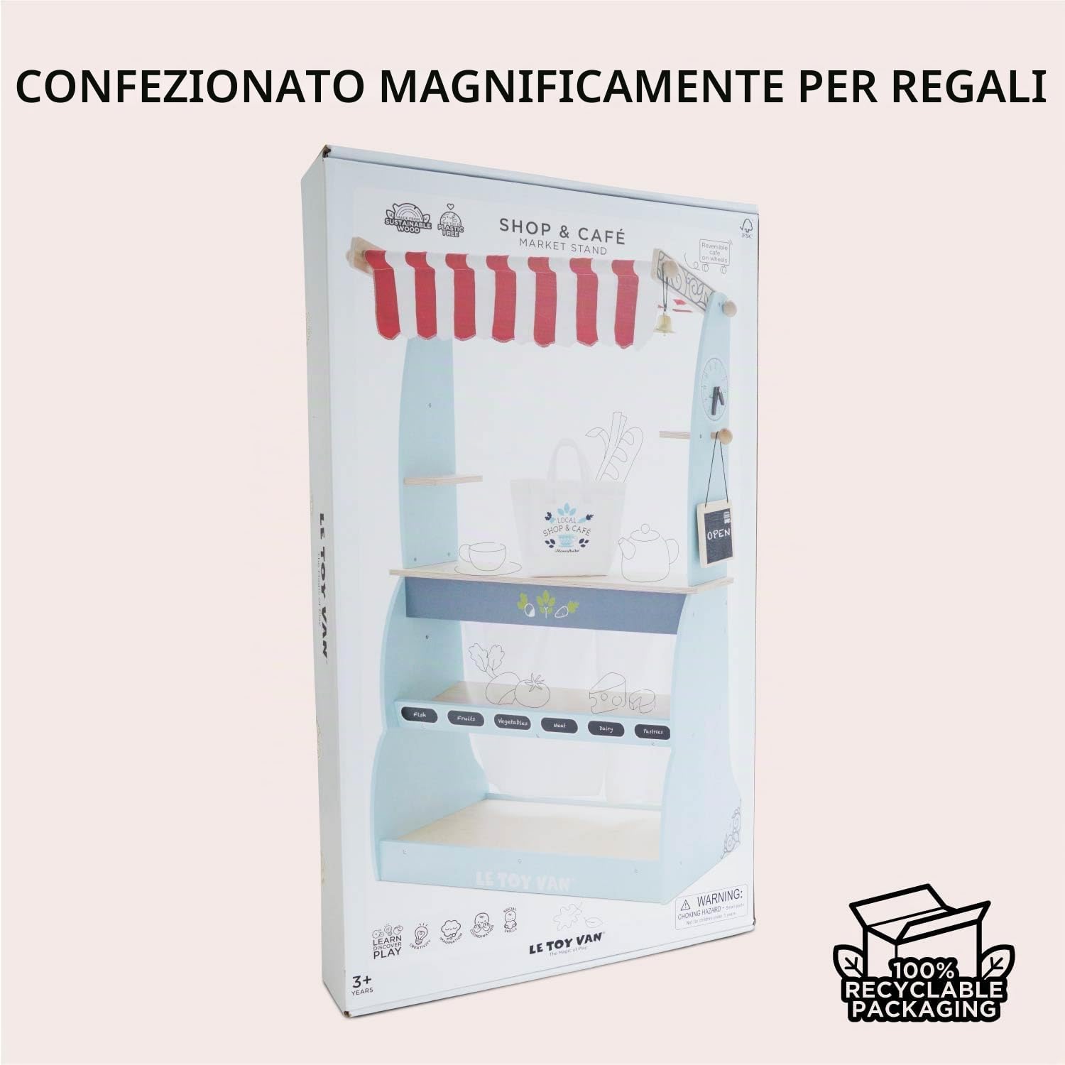 Le Toy Van - TV317 - Gioco educativo per Bambini dai 3 Anni supermercato Grande caffetteria Giocattolo Reversibile con Ruote 2 in 1, Include 1 Lavagna, 1 Campanello e 1 Borsa della Spesa, in Legno