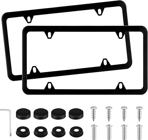 Amiss Paquete de 2 marcos de matrícula sólidos a prueba de óxido, 4 agujeros, cubiertas de placa de acero inoxidable, marco protector con tapas de