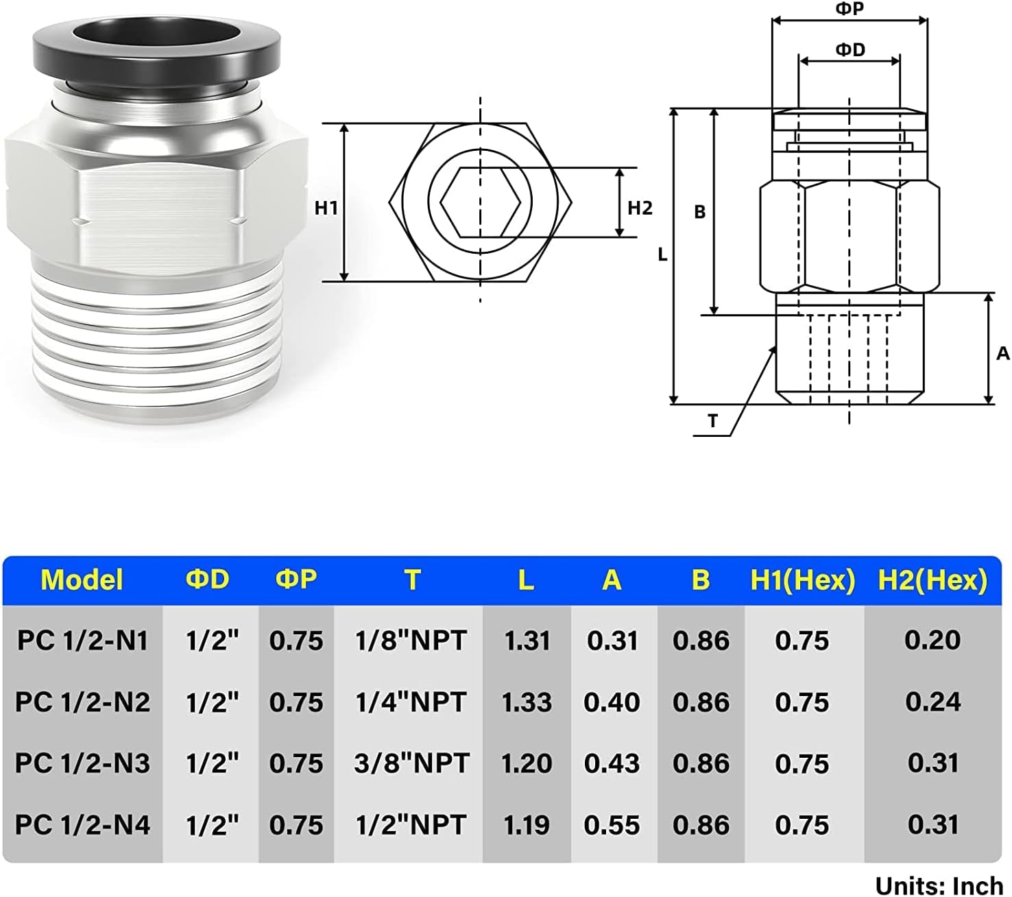TAILONZ PNEUMATIC Male Straight 1/2 Inch Tube OD x 1/2 Inch NPT Thread Push to Connect Fittings PC-1/2-N4 (Pack of 20)