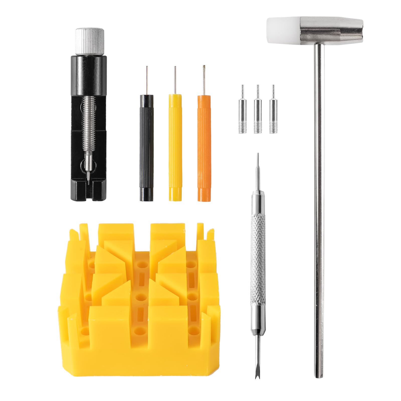 Peapin Unisex Yellow Watch Link Removal Kit With Watch Strap Removal Tool, Pin Punch Tool, Hammer & Holder For Band Adjustment And Repair