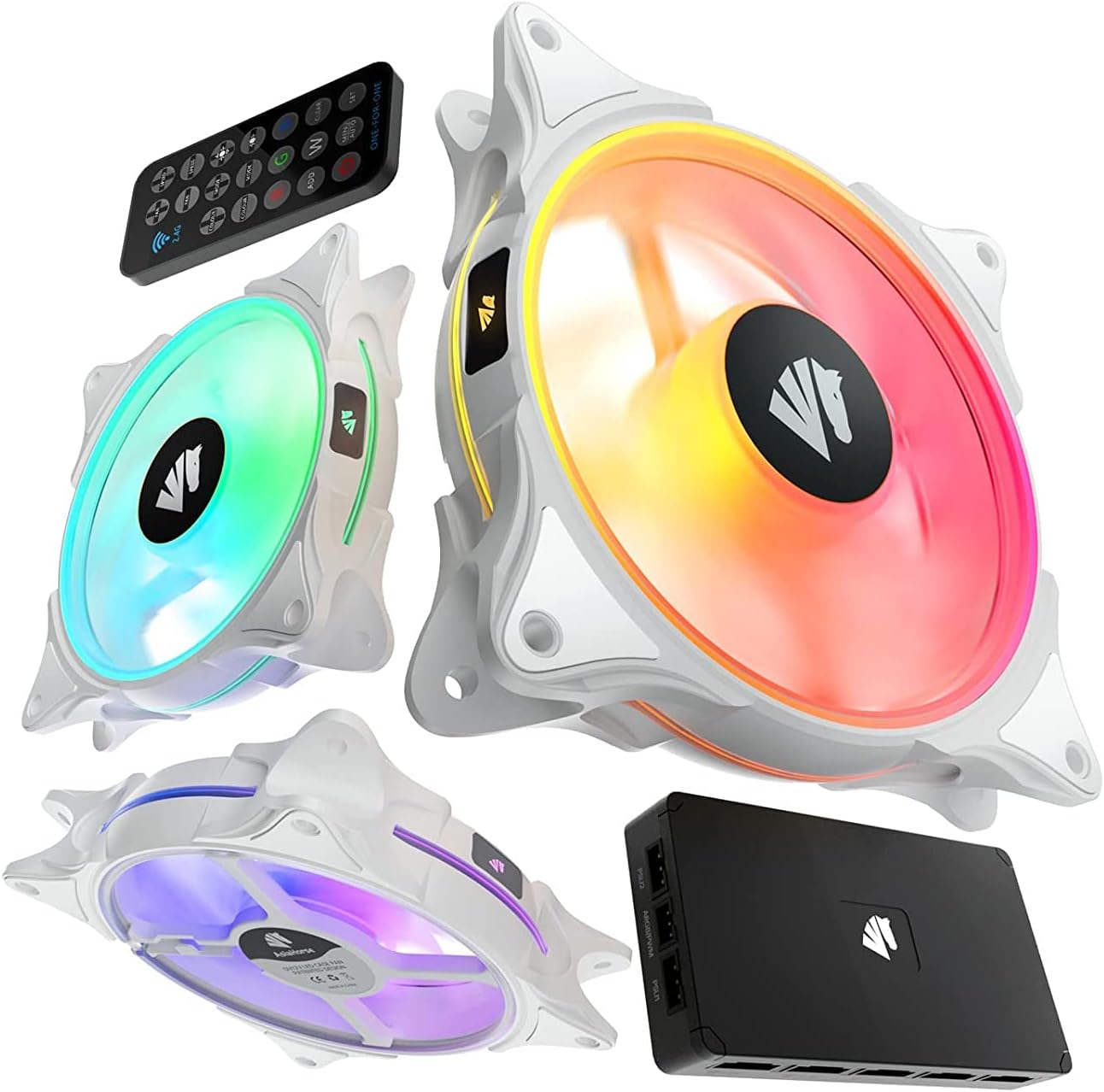 AsiaHorse FS-9002 Pro 120mm RGB Case Fan, 26 LED ARGB and Double LED Lingting Loops, 800-1800rpm Pwm Case Fan with 5V PWM Motherboard Sync/Analog Controller (3 Pack, White)