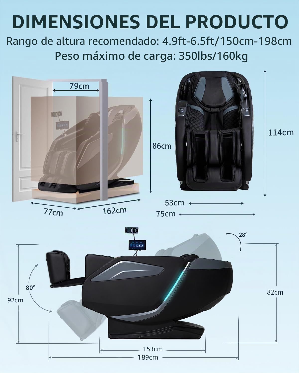 Sillón de Masaje con Masaje Shiatsu Inteligente 4D (Negro) | Modo de gravedad cero, calefacción en la espalda y las piernas, control por voz con IA, altavoz Bluetooth, masaje SL Track