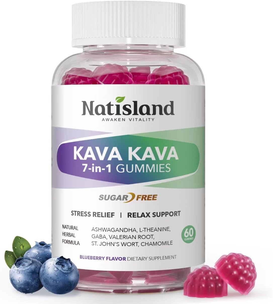Chewable Kava Kava Gummies, Kava Kava Root Extract with Ashwagandha & L-Theanine, Kava Supplement for Women & Men, 7-in-1 Herbal Blend for Stress Relief & Relaxation, Sugar-Free, Vegan, 60 Ct
