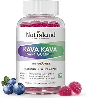 Chewable Kava Kava Gummies, Kava Kava Root Extract with Ashwagandha & L-Theanine, Kava Supplement for Women & Men, 7-in-1 Herbal Blend for Stress Relief & Relaxation, Sugar-Free, Vegan, 60 Ct